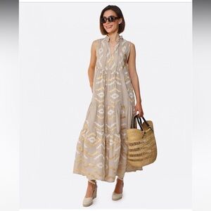 Greek Archaic Kori Maxi Dress - flax linen with gold and white